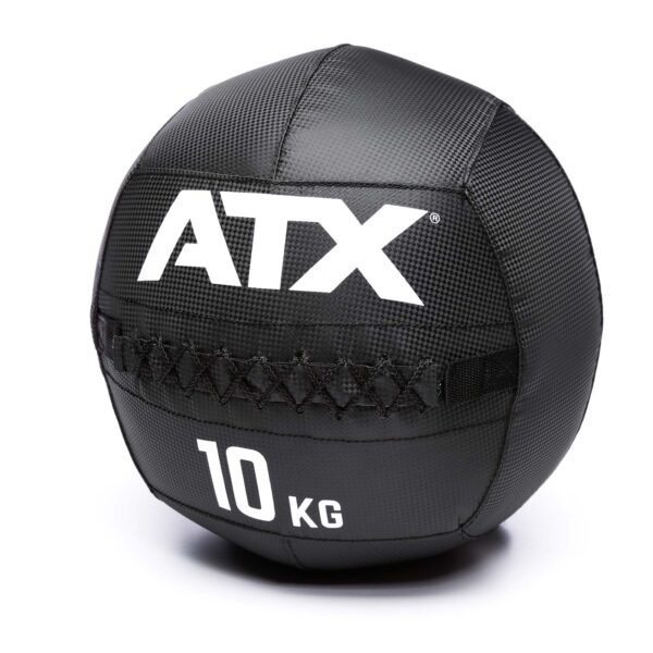 A black ATX® Wall Balls PVC medicine ball with a textured surface, featuring the brand name ATX in white and marked 10 KG for its weight.