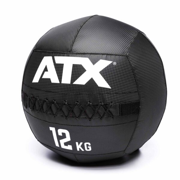 A black ATX® Wall Ball made of textured PVC, featuring ATX and 12 KG in white lettering.