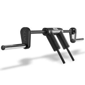 A black safety squat bar with padded support and chrome sleeves, perfect for weightlifting and gym use. This squat bar with handles boasts the ATX logo and ergonomic grips for enhanced comfort and stability.
