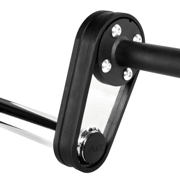 Close-up of a black and silver home gym pulley attachment with a sleek, modern design, akin to a front squat bar. The image highlights the angular shape and shiny parts of the equipment, emphasizing its robust functionality for an intense workout.