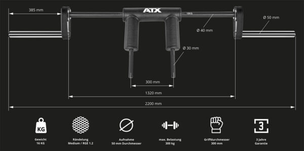 An ATX squat bar with handles features detailed specifications including dimensions and grip sizes. Measurements include a total width of 2200 mm, grip width of 300 mm, and handle diameters of 30 mm, 40 mm, and 50 mm, making it ideal for various workouts.