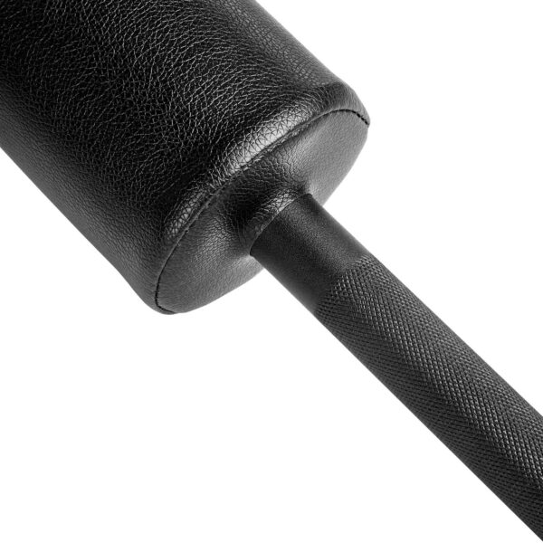 Close-up view of a black leather padded handle on a safety squat bar, featuring a textured metal rod. The surface of the leather appears smooth and glossy, while the metal rod showcases a fine, knurled pattern for enhanced grip.