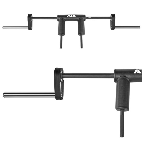 A black safety squat bar with padded shoulder supports and extended handles, perfect for front squats and weightlifting. The sleek design features an ATX logo, showcased from a front angle and in a detailed close-up view.