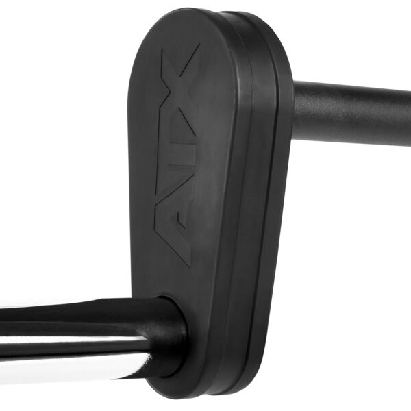 Close-up of a black and silver safety squat bar with handles, featuring the brand name AUX embossed on the side. The design boasts a sleek, modern look with a rounded end.