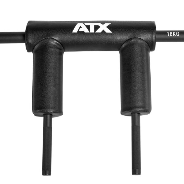 Close-up of a black gym equipment attachment labeled ATX. This squat bar with handles features a U-shaped padded section, two grips, and a horizontal bar marked with 16KG on the side. Perfectly designed for efficient strength training exercises.