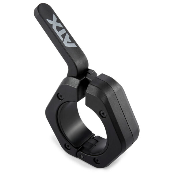 Close-up of a black ATX® Magnetic Collar 50mm made from durable aluminum with a locking lever, perfect for securely holding weight plates during gym or fitness sessions.