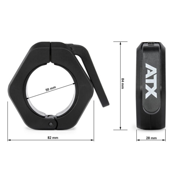 A black ATX® Magnetic Collar 50mm barbell collar is shown from two angles: left side displaying a width of 82 mm and an internal diameter of 50 mm, right side showing a height of 84 mm and thickness of 28 mm.