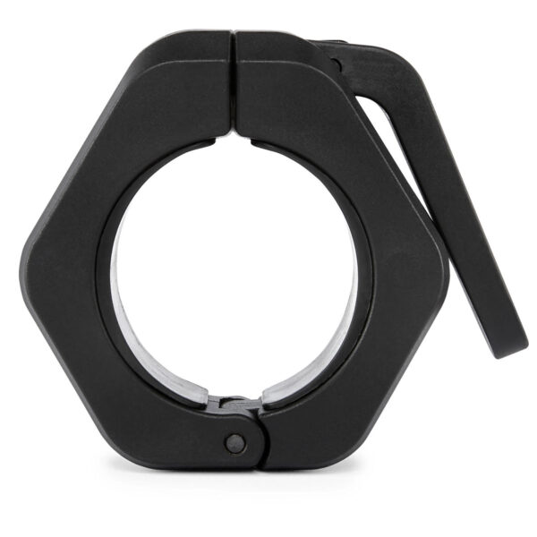 Close-up of the ATX® Magnetic Collar 50mm, a sleek black hexagonal-shaped barbell collar made from durable aluminum, featuring a lever lock mechanism to securely fasten weight plates onto any barbell.