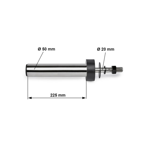 Image of a cylindrical metal rod with a larger diameter of 50 mm, a smaller section with a 20 mm diameter, and an overall length of 225 mm. It features an attached spring and threaded end, against a plain white background.