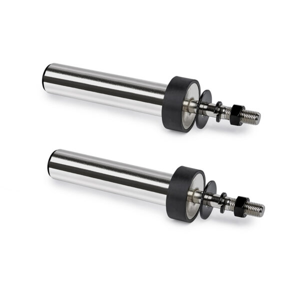 Two shiny metal cylindrical objects with a black rubber-like section on top and a threaded rod with washers extending from the side. They appear to be precision industrial components placed on a white background.