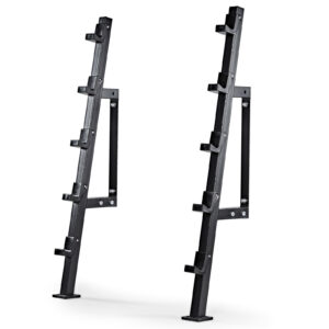A black Wall Mounted Barbell Rack with multiple hooks for adjusting barbell height is shown. It features a sturdy metal construction, ideal for weightlifting, and is positioned at an angle against a plain white background.