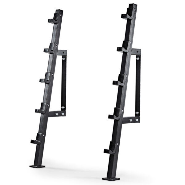 A black Wall Mounted Barbell Rack with multiple hooks for adjusting barbell height is shown. It features a sturdy metal construction, ideal for weightlifting, and is positioned at an angle against a plain white background.
