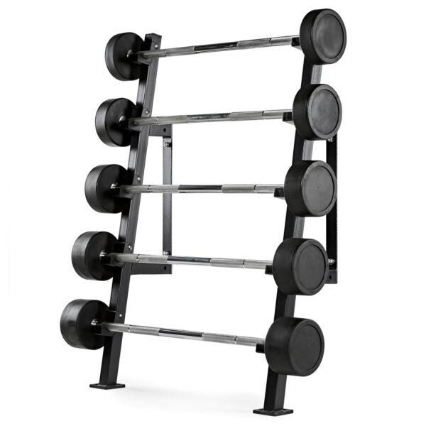 A Wall Mounted Barbell Rack neatly organizes six black dumbbells on three vertical shelves, ideal for a fitness setting.