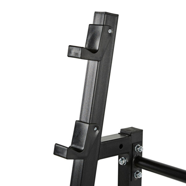 Close-up of the Barbell Rack Single Side in black metal, featuring two sturdy angled weight holders. The bolted and reinforced frame is ideal for gym strength training.