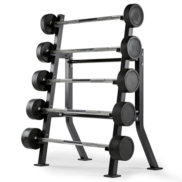 A Barbell Rack Single Side organizes fixed-weight barbells on five black metal shelves, with each shelf neatly stacking and easily accessible at different weights.