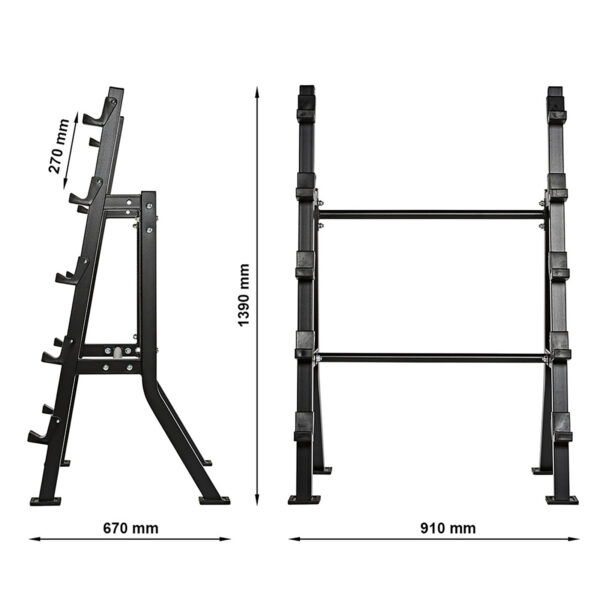 The Barbell Rack Single Side is black and adjustable, with side and front views showing these measurements: 270 mm depth, 670 mm length, 910 mm width, and 1390 mm height. It features multiple hooks for holding weights.