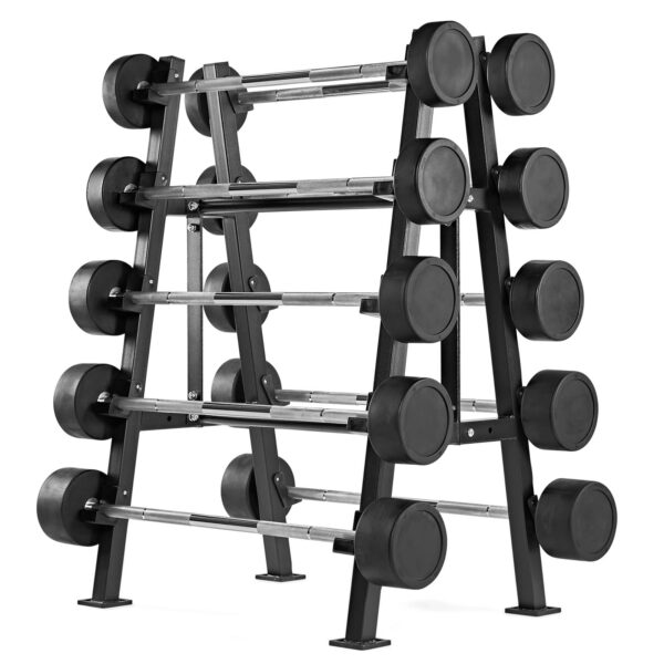 A Barbell Rack Double Side in black holds multiple barbells with evenly distributed black plates, organized pyramid-style on four levels, set against a white background.