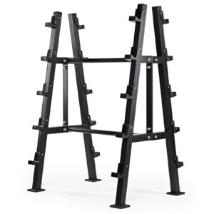 The Barbell Rack Double Side is a black, metal A-frame with multiple pegs for weight plates. Its sturdy design has angled legs and a reinforced central bar, perfect for organizing gym equipment.