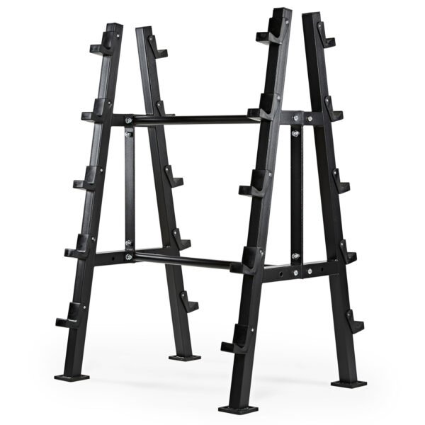 The Barbell Rack Double Side is a black, metal A-frame with multiple pegs for weight plates. Its sturdy design has angled legs and a reinforced central bar, perfect for organizing gym equipment.