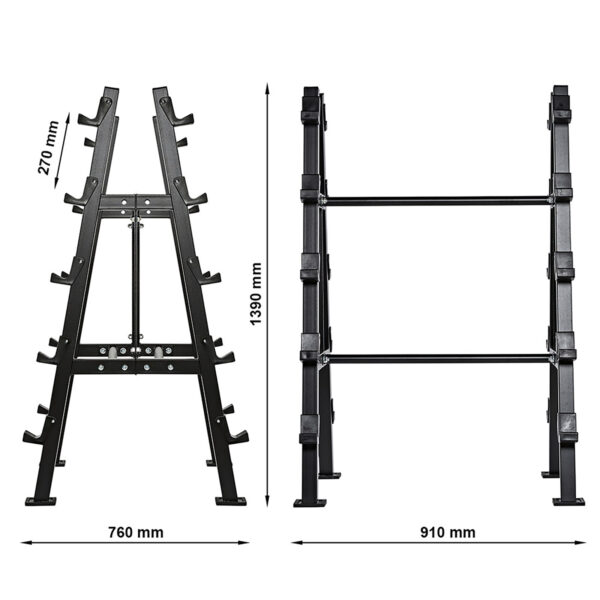 The Barbell Rack Double Side features front and side views; the front view is 760mm wide and 1390mm tall, while the side view measures 910mm deep with a width of 270mm for the rack. The black frame includes eight holding slots on each side.