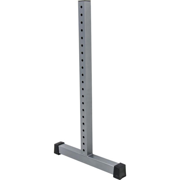 A gray, L-shaped metal stand with multiple holes along the vertical section. The base has black rubber pads on each end for stability.