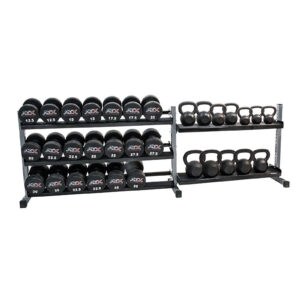 The Build Your Storage Rack - Modular Storage System features two sections: one with dumbbells from 12.5 to 50 pounds and another with various kettlebells, all supported by a sturdy metal frame.