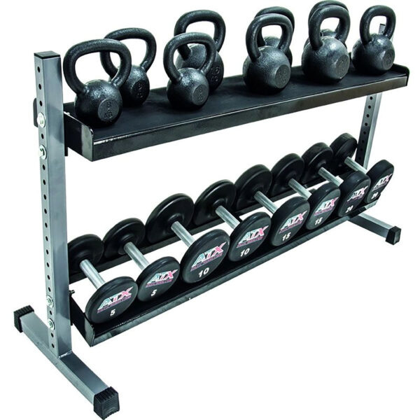 A Build Your Storage Rack - Modular Storage System featuring a two-tier design; kettlebells on the top shelf, and dumbbells labeled 5-20 pounds on the bottom shelf.