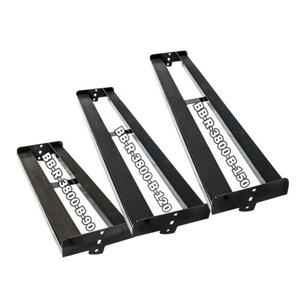 Displayed are three black metal brackets of varying sizes labeled BBR-300B-90, BBR-300B-120, and BBR-300B-150 from the Build Your Storage Rack - Modular Storage System. Each features a triangular shape with a flat base for structural support or shelving.
