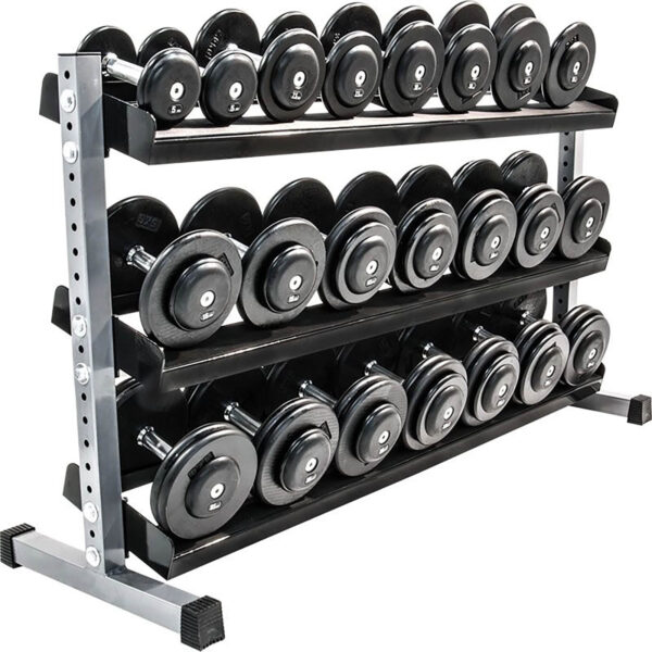 A set of black dumbbells on a three-tier metal Build Your Storage Rack, with each tier holding multiple pairs by size, featuring a stable rectangular base.
