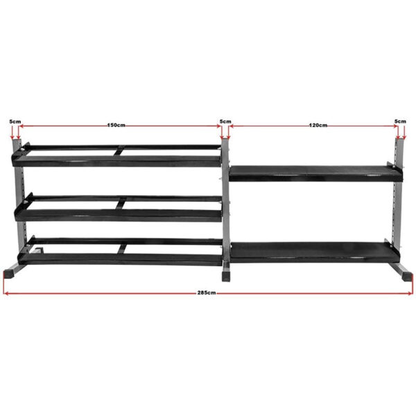 The Build Your Storage Rack - Modular Storage System is a black metal unit with labeled dimensions, consisting of a left section with three shelves and a 150cm width, and a right section with two shelves and a 120cm width. Overall height and depth are marked as 5cm.