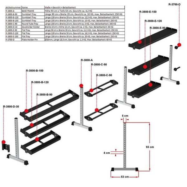 Illustration of the Build Your Storage Rack - Modular Storage System with labeled components: a base frame, multiple dumbbell levels, extension options, and provided dimensions for assembly and customization.