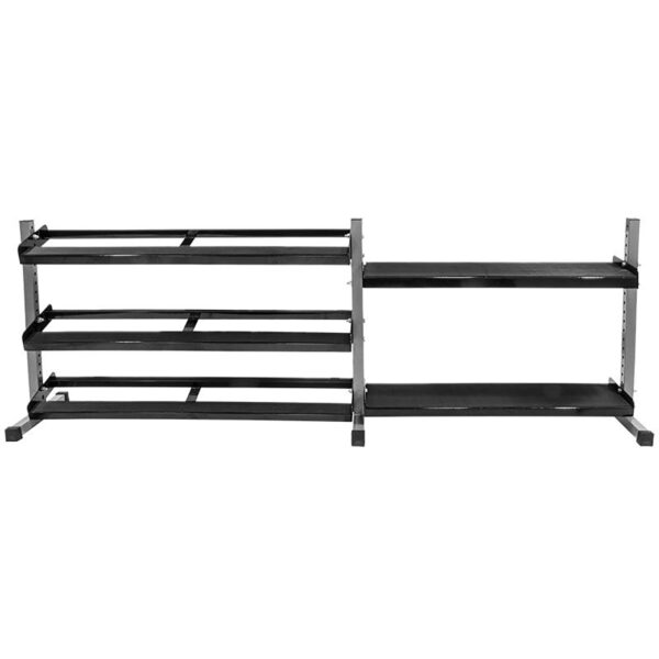 The Build Your Storage Rack—Modular Storage System is a black metal shoe rack with five adjustable shelves, designed to hold multiple pairs of shoes. Its sturdy frame is ideal for home or office use and is shown on a white background.