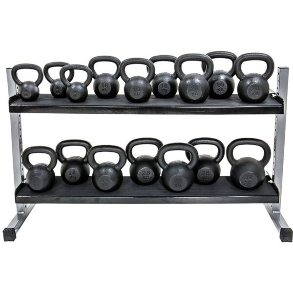 A Build Your Storage Rack - Modular Storage System displaying an assortment of black kettlebells in two rows, each marked with its weight in pounds and kilograms.