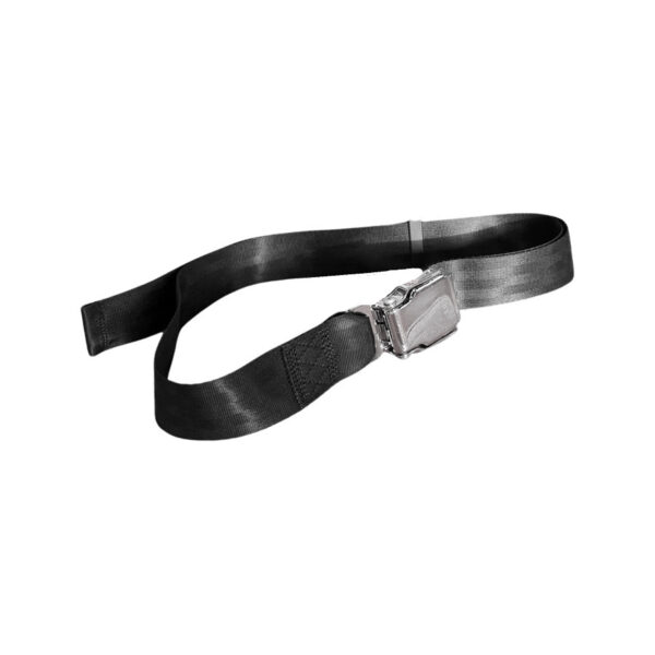 The GymPin Seat Belt Buckle, featuring a black strap and silver buckle, is partially looped and lies flat against a white background.