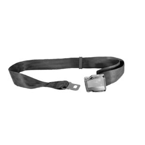 A GymPin Seat Belt Buckle, featuring a black strap and silver buckle, laid out flat on a white background.