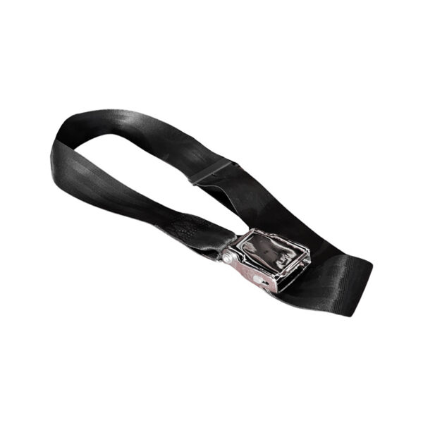 The GymPin Seat Belt Buckle is shown on a white background, featuring a black strap with a silver clasp. The belt is neatly arranged with the clasp open and laid flat.