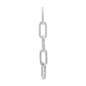 The Chain Length features a sleek carabiner clip, with its vertical silver metal links interlocking elegantly, set against a plain white background to enhance its modern appeal.