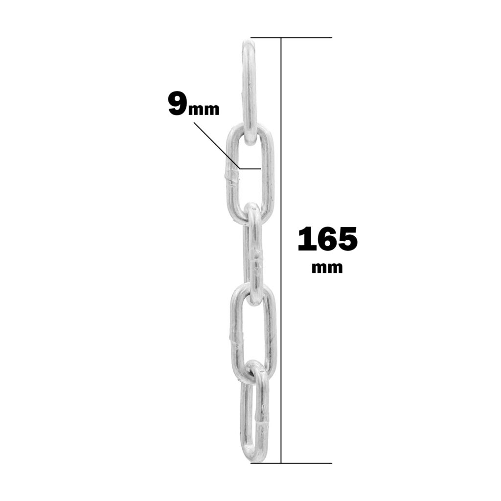 An image of the Chain Length shows vertically arranged oval links with a width of 9 mm. The total length is indicated as 165 mm, and a carabiner clip is visible.
