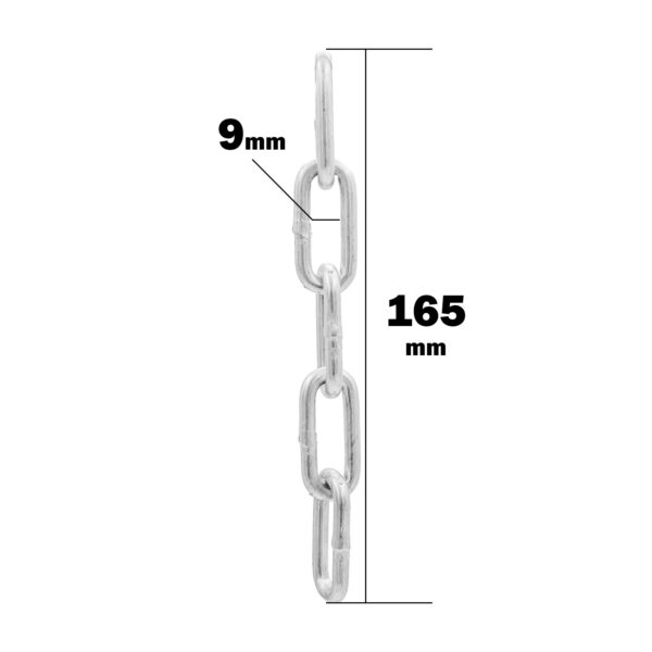 An image of the Chain Length shows vertically arranged oval links with a width of 9 mm. The total length is indicated as 165 mm, and a carabiner clip is visible.