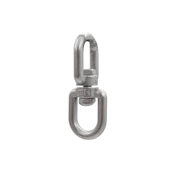 The 6mm Swivel Connector is a metal hook with a silver finish, featuring a rotating joint for flexibility. Ideal for chains or ropes, it appears sturdy and designed for heavy-duty use against a plain white background.