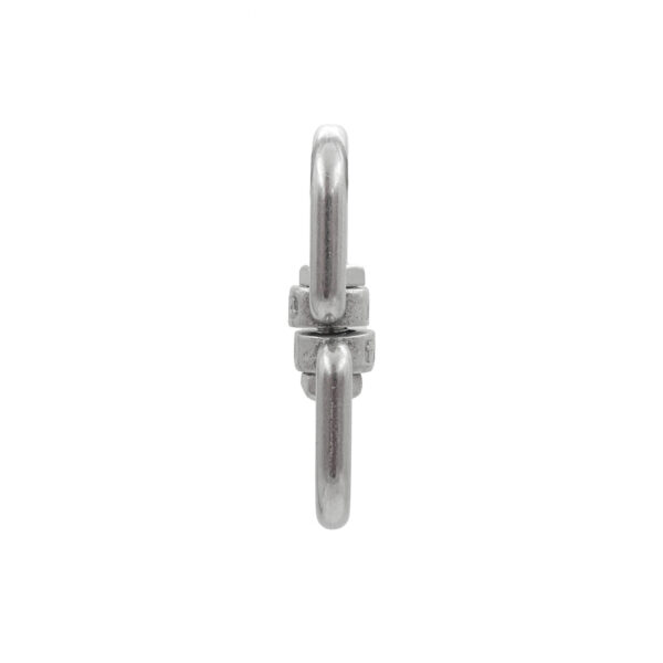 A symmetrical arrangement of two shiny metal components vertically aligned and connected by a central piece, showcasing the 6mm Swivel Connector against a plain white background.