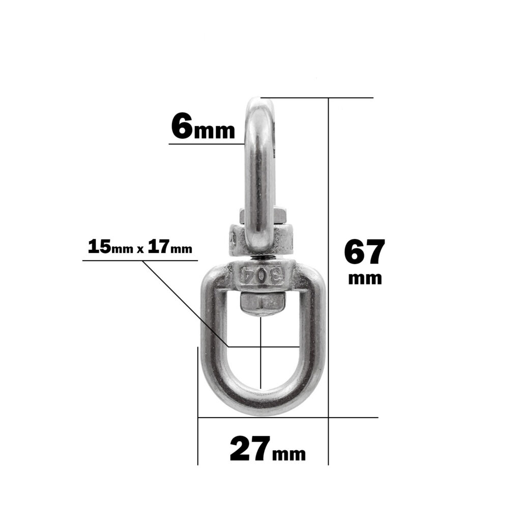 Image of a metal Swivel Connector, measuring 27mm wide, 67mm tall, and 6mm thick. Features a section sized 15mm x 17mm.