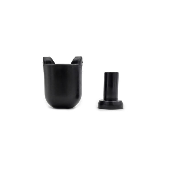 Against a white background, the Gym Cable 6948 Connector set includes a black cylindrical plastic piece with an open top and a smaller cylindrical component with a flat base.