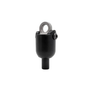 The Gym Cable 6948 Connector is a black cylindrical metal component featuring a silver looped end, a small side screw, and a tapering base.