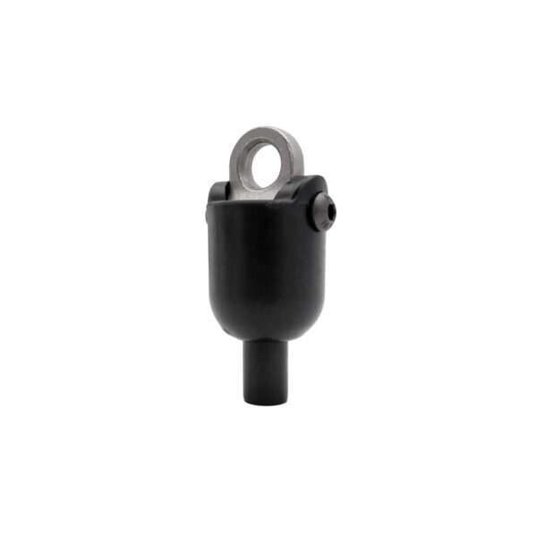 The Gym Cable 6948 Connector is a black cylindrical metal component featuring a silver looped end, a small side screw, and a tapering base.