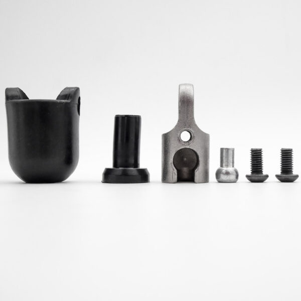On a white background, the Gym Cable 6948 Connector displays metal components in a row, featuring a black cup-shaped piece, cylindrical parts, a forked metal piece with a hole, and two black screws.