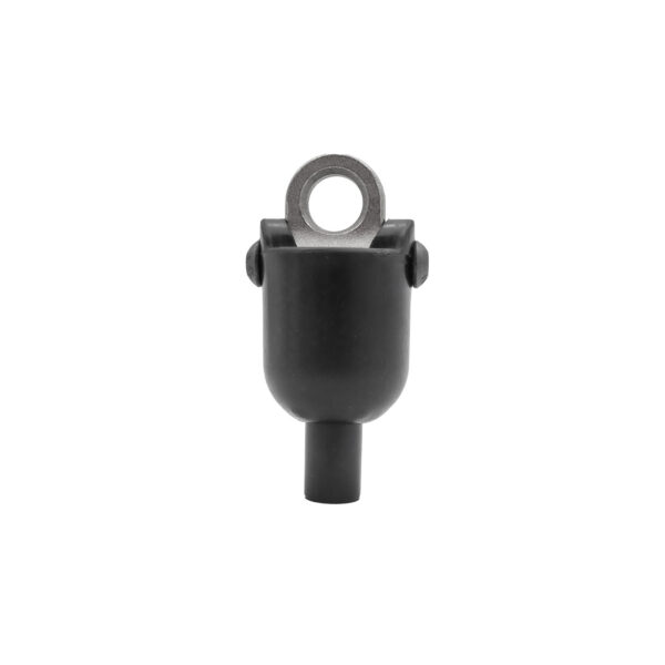 The Gym Cable 6948 Connector is a black metal cylinder featuring a hollow circular opening at the top, with a narrow stem below. It includes a loop-like extension at the top and two side protrusions, all set against a white background.