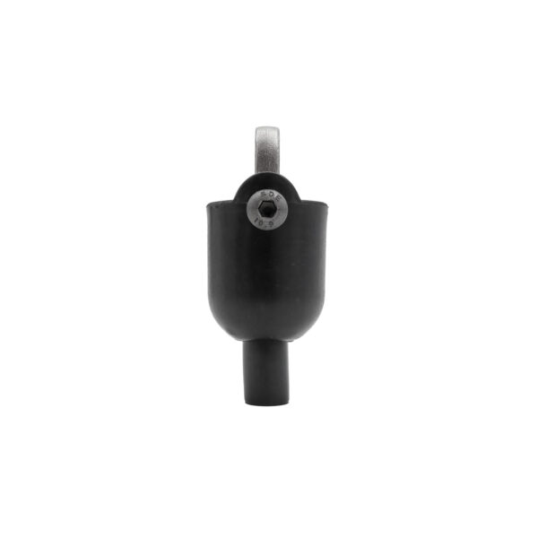 The Gym Cable 6948 Connector is a black, cylindrical device with a hollow body and a curved handle featuring an attached metal element marked 509 with a visible screw. It also includes a protruding nozzle at the bottom.