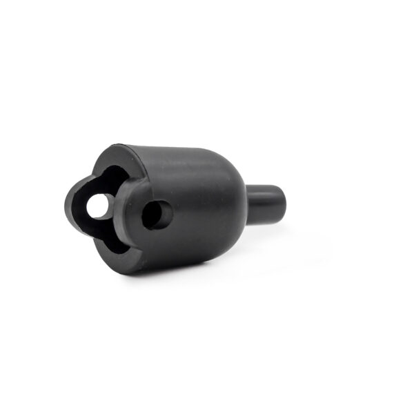 The Gym Cable 6948 Connector, a black cylindrical part with a rounded end, is shown partially on its side against a white background. Its opposite end has a circular opening and keyhole-shaped cutout.