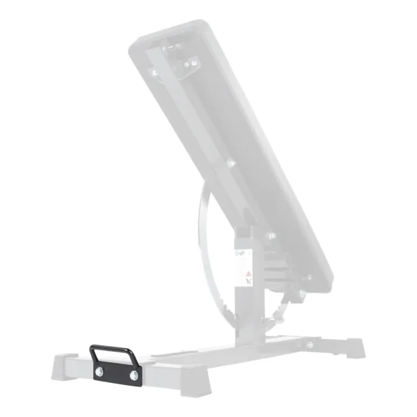 The Ironmaster Bench Handle is an adjustable weight bench with a sturdy metal frame, rubberized feet for stability, and a black handle at the base for easy transport, making it the ideal exercise bench. The background is white.